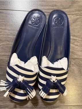 Tory Burch Navy and White Striped Tassel Ballet Flats